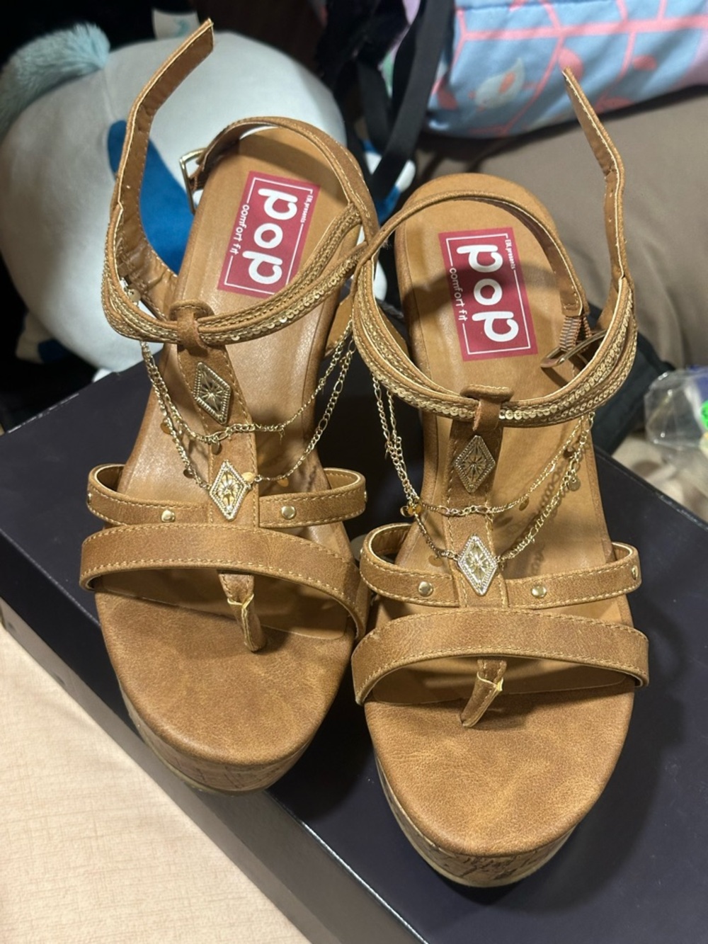 pop Tan Platform Sandals with Gold Chain Charms